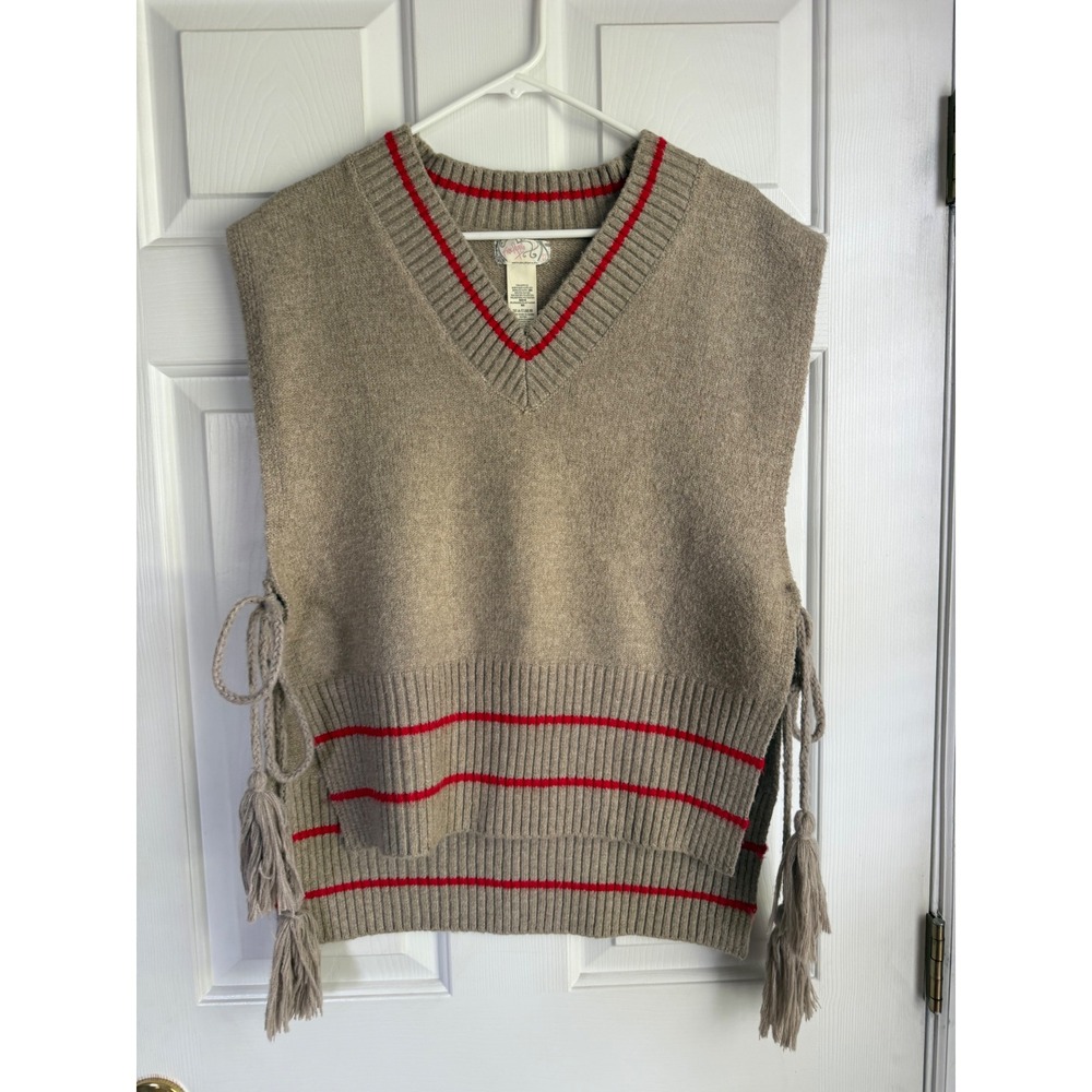 Free People Tan Beige Red Varsity Stripe Tie Side Tassel Sweater Vest OS
